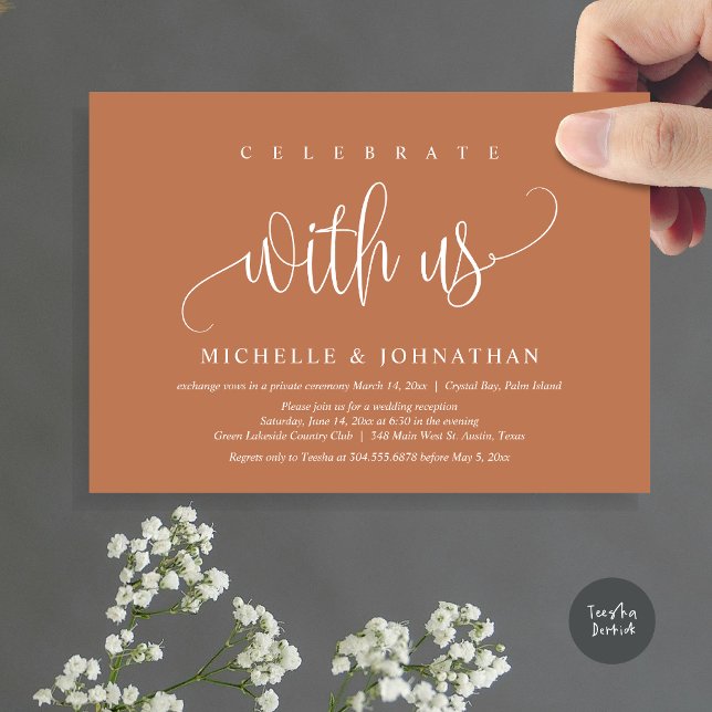 Invitación Celebrar Con Nosotros, La Celebración De Los Elope (Celebrate with us, Modern Wedding Elopement Dinner Party Invitation Card, PDF, in timeless Copper)