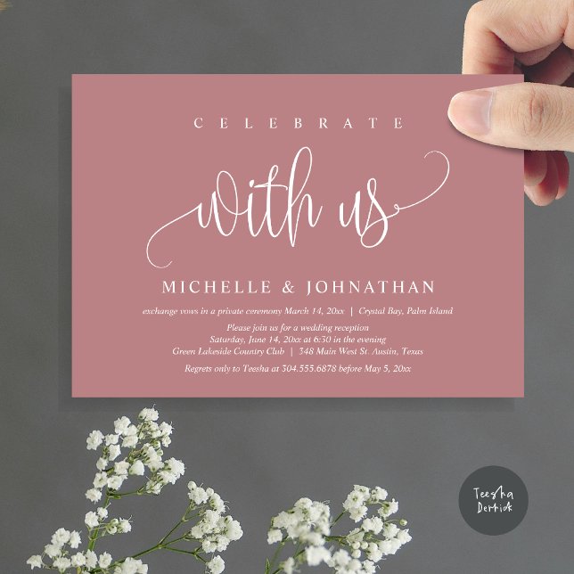 Invitación Celebrar Con Nosotros, La Celebración De Los Elope (Celebrate with us, Modern Wedding Elopement Dinner Party Invitation Card, PDF, in dusty rose pink)