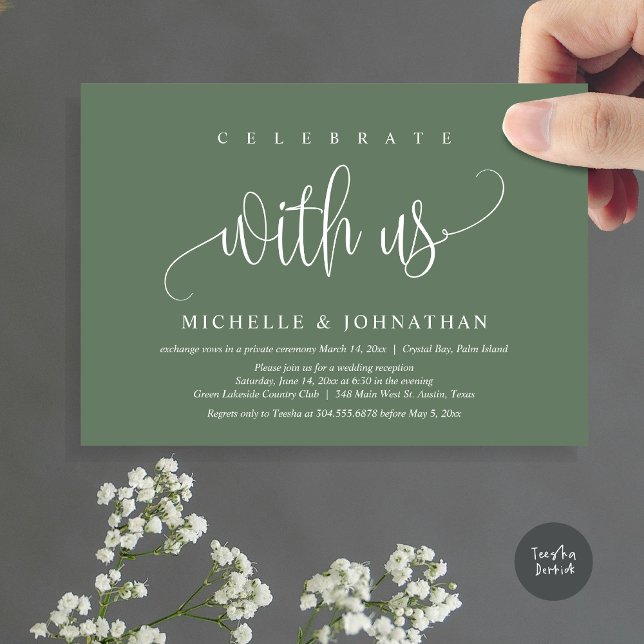 Invitación Celebrar Con Nosotros, La Celebración De Los Elope (Celebrate with us, Modern Wedding Elopement Dinner Party Invitation Card, PDF, in Forest Sage Green)