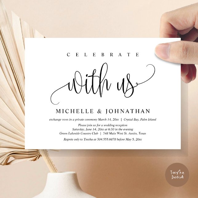 Invitación Celebrar Con Nosotros, La Celebración De Los Elope (Celebrate with us, Modern Wedding Elopement Dinner Party Invitation Card, PDF, in black and white)