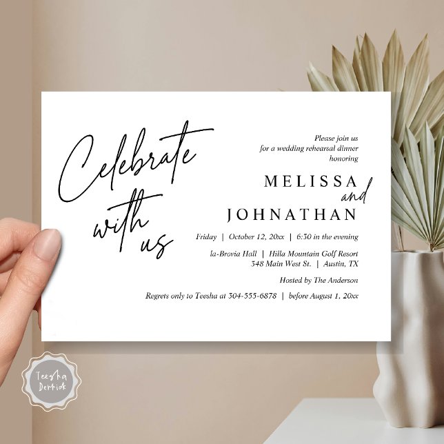 Invitación Celebrar con nosotros, la cena de ensayo Boda mode (Celebrate with us, Modern Wedding Rehearsal Dinner Invitation Card, PDF, in Black White)