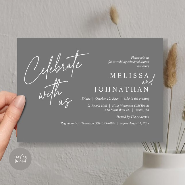 Invitación Celebrar con nosotros, la cena de ensayo Boda mode (Celebrate with us, Modern Wedding Rehearsal Dinner Invitation Card, PDF, in Dark Grey)