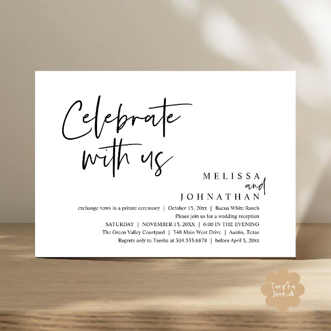 Invitación Celebrar con nosotros la recepción de la boda mode (Celebrate with us Modern Casual Wedding Reception Dinner Lunch Brunch Invites Card PDF Black White)