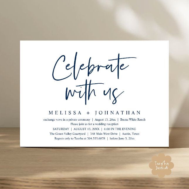 Invitación Celebrar con nosotros la recepción de la boda mode (Celebrate with us Modern Casual Wedding Reception Dinner Lunch Brunch Invites Card PDF Navy Blue)