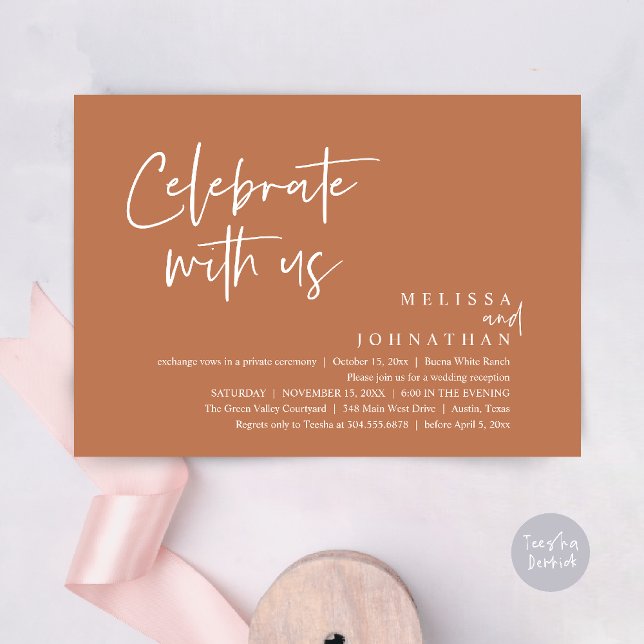 Invitación Celebrar con nosotros la recepción de la boda mode (Celebrate with us Modern Casual Wedding Reception Dinner Lunch Brunch Invites Card PDF Copper Brown)