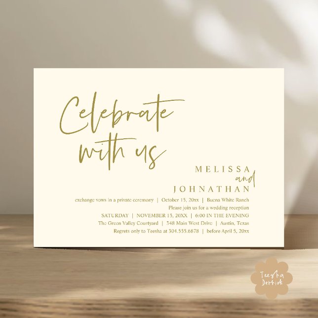 Invitación Celebrar con nosotros la recepción de la boda mode (Celebrate with us Modern Casual Wedding Reception Dinner Lunch Brunch Invites Card PDF Yellow Gold)