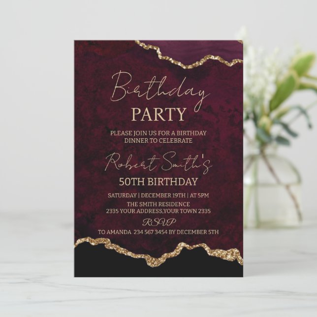 Invitación Celebrar Cumpleaños Agate Borgoña y Oro (Anverso de pie)