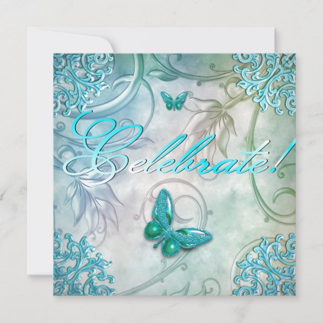 Invitación Celebrar Cumpleaños Floral Mariposa Azul Turquesa (Anverso)
