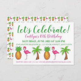 Invitación Celebrar el cumpleaños Flamingo Palm Tree Pineappl