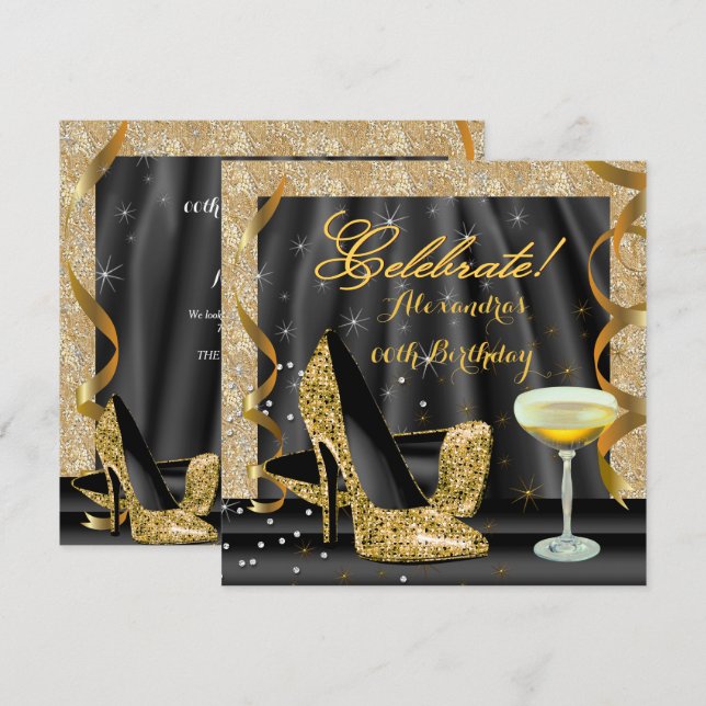Invitación Celebrar el Purpurina negro de oro Heels Champagne (Anverso / Reverso)