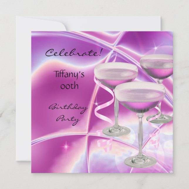 Invitación Celebrar Fiesta de Cumpleaños Champán Rosado (Anverso)