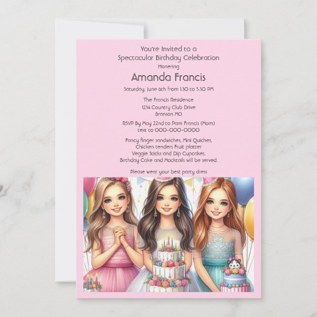 Invitación Celebrar fiesta de cumpleaños de Chica adolescente (Anverso)