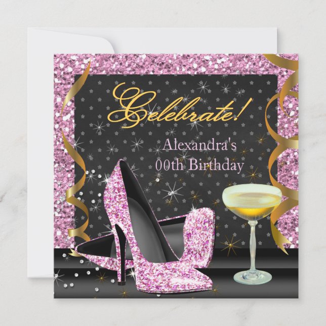 Invitación Celebrar fiesta de cumpleaños de Purpurina negro d (Anverso)
