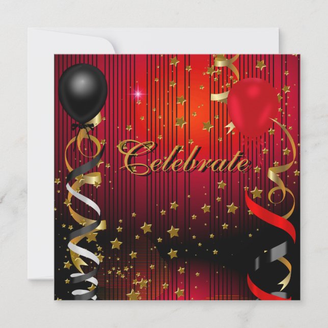 Invitación Celebrar Fiesta de Cumpleaños Estrellas Negras Roj (Anverso)