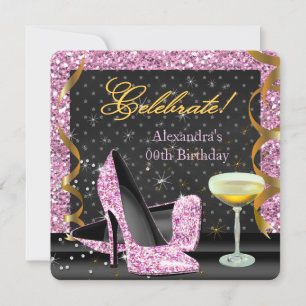 Invitación Celebrar Fiesta de Cumpleaños Glitter Rosa Dorado