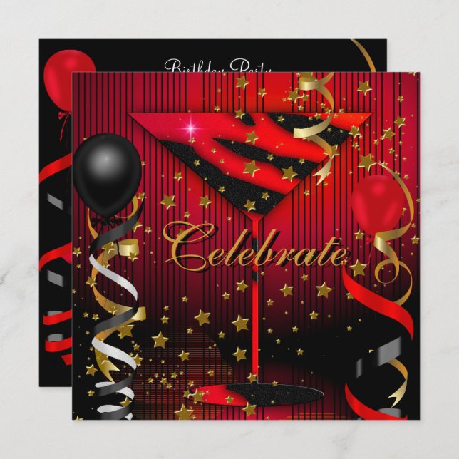 Invitación Celebrar la fiesta de cumpleaños Black Red Stars (Anverso / Reverso)