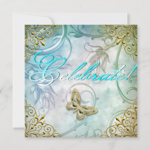 Invitación Celebrar Mariposa Azul Turquesa Floral Fiesta Dora