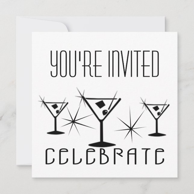 Invitación Celebrar - Retro Martinis - Blanco y negro (Anverso)