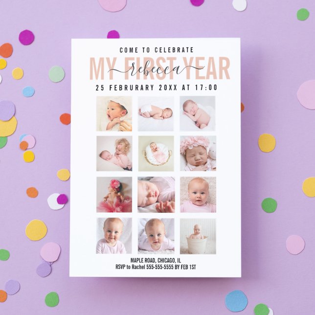 Invitación Celebrate Baby Girl First Year 12 Photo Collage  (Subido por el creador)