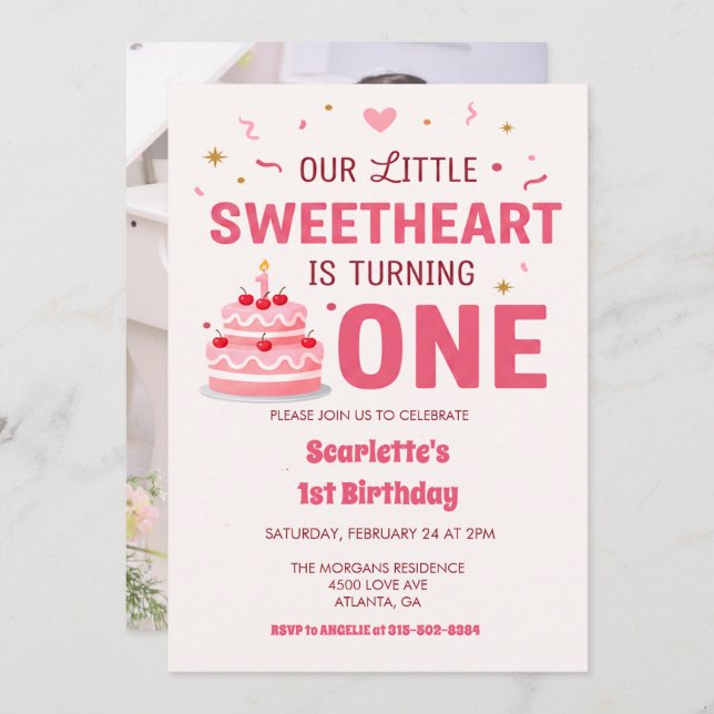 Invitación Celebrate Little Sweetheart Turning one Photo Cake (Anverso / Reverso)