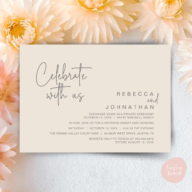 Invitación Celebrate with us, Modern Boho Wedding Reception  (Celebrate with us, Modern Boho Wedding Reception Invitation Card PDF Cream Grey)