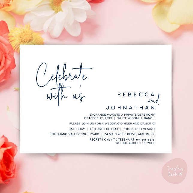 Invitación Celebrate with us, Modern Boho Wedding Reception  (Celebrate with us, Modern Boho Wedding Reception Invitation Card PDF Navy Blue)