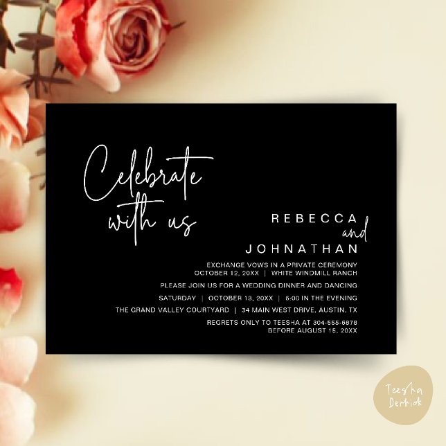Invitación Celebrate with us, Modern Boho Wedding Reception  (Celebrate with us, Modern Boho Wedding Reception Invitation Card PDF Black White)