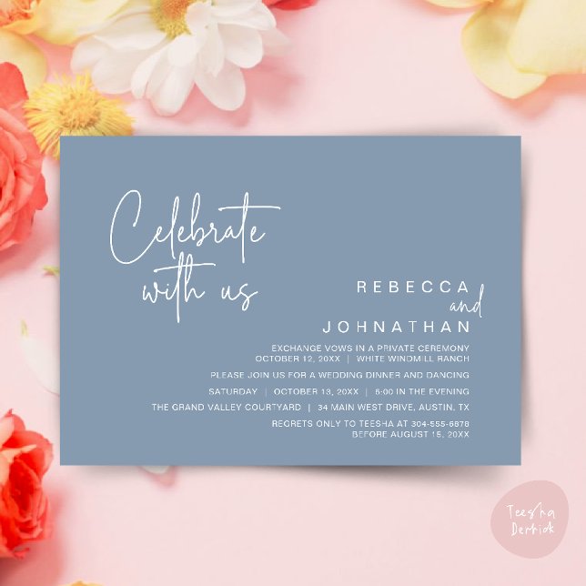 Invitación Celebrate with us, Modern Boho Wedding Reception  (Celebrate with us, Modern Boho Wedding Reception Invitation Card PDF Dusty Blue)