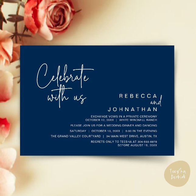 Invitación Celebrate with us, Modern Boho Wedding Reception  (Celebrate with us, Modern Boho Wedding Reception Invitation Card PDF Navy Blue)