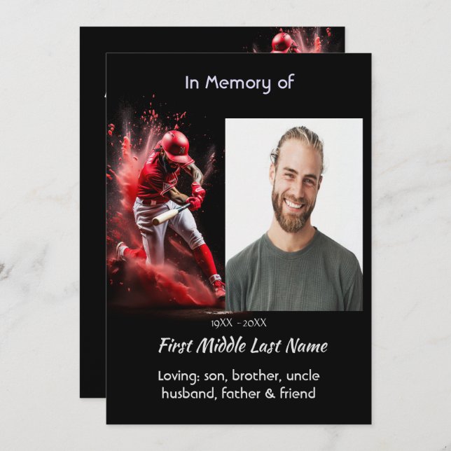 Invitación Celebration Life Service Baseball Softball Player (Anverso / Reverso)