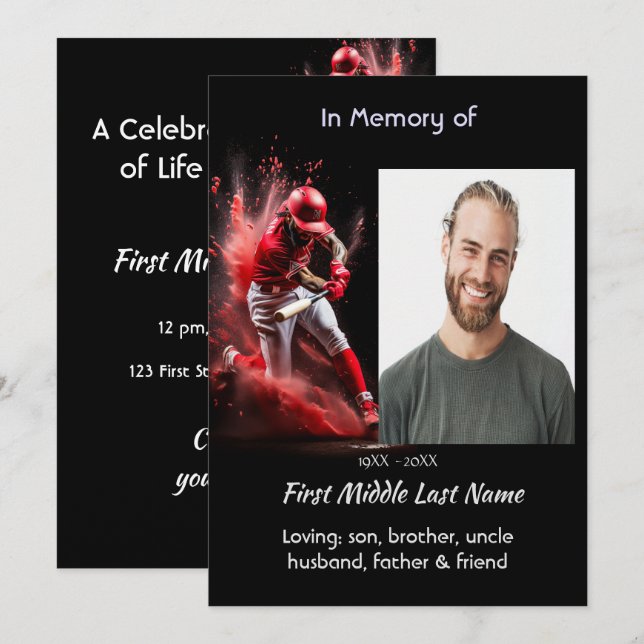 Invitación Celebration Life Service Baseball Softball Player (Anverso / Reverso)