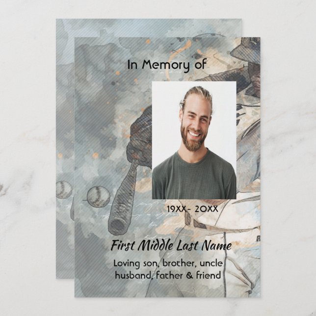 Invitación Celebration Life Service Memorial Baseball Player (Anverso / Reverso)