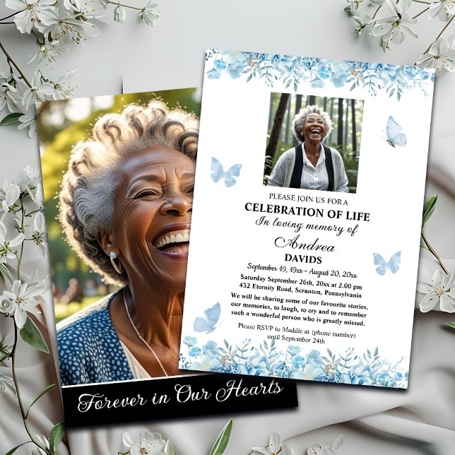 Invitación Celebration Of Life 2 Photos Funeral Blue Floral (Subido por el creador)