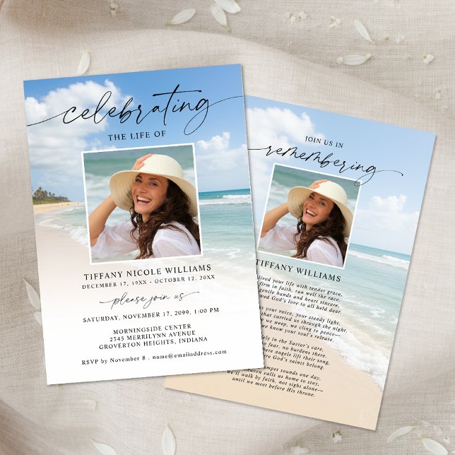 Invitación Celebration of Life Beach Photo Funeral (Subido por el creador)