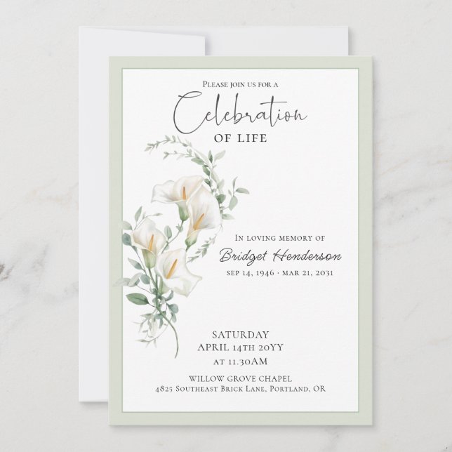 Invitación Celebration of Life Calla Lily Funeral Memorial (Anverso)