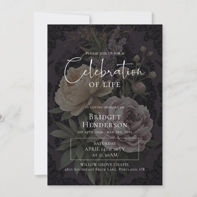 Invitación Celebration of Life Dark Moody Floral Funeral (Anverso)