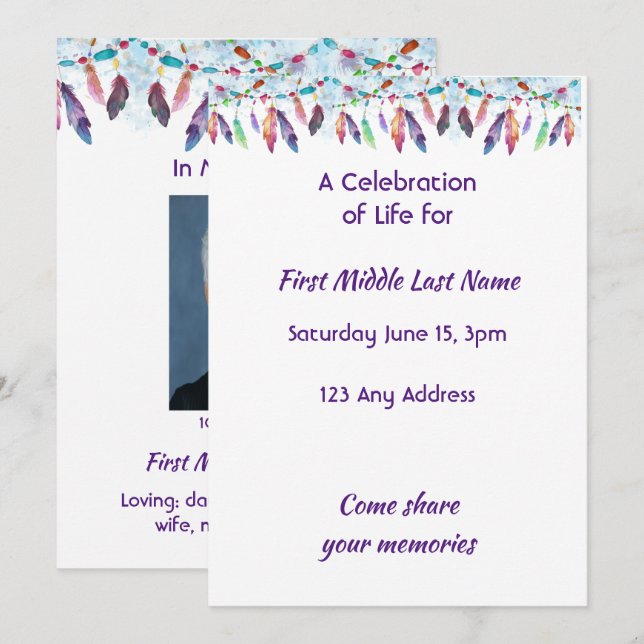 Invitación Celebration of Life Feathers Boho Tribal Native (Anverso / Reverso)