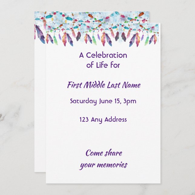 Invitación Celebration of Life Feathers Boho Tribal Native (Anverso / Reverso)