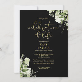 Invitación Celebration of Life Greenery Floral Black And Gold