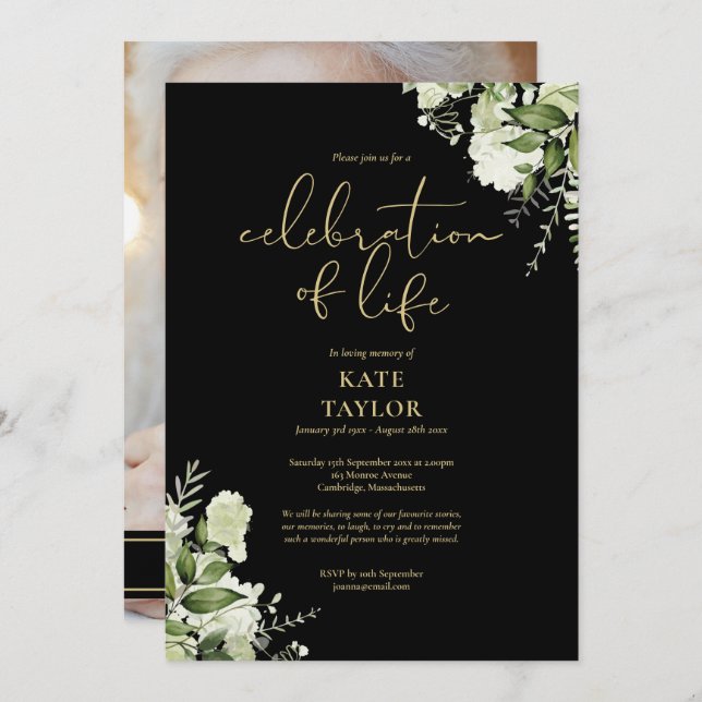 Invitación Celebration of Life Photo Greenery Black And Gold (Anverso / Reverso)