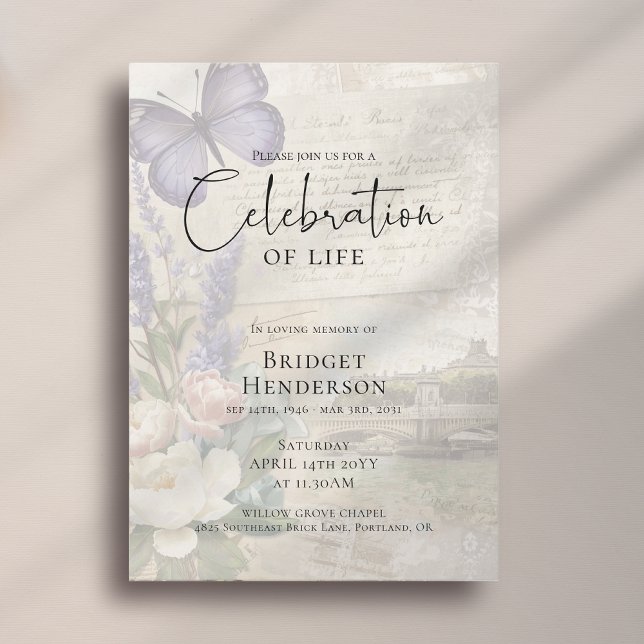 Invitación Celebration of Life Purple Butterfly Peony Funeral (Subido por el creador)