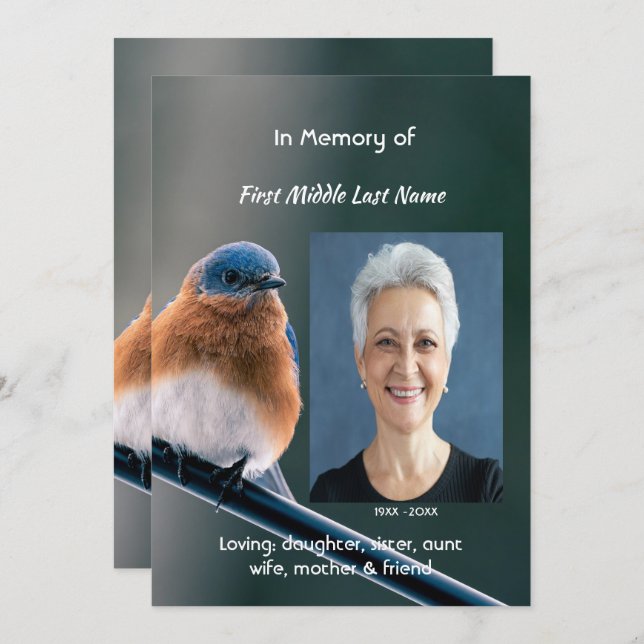 Invitación Celebration of Life Service Bluebird Garden Bird  (Anverso / Reverso)