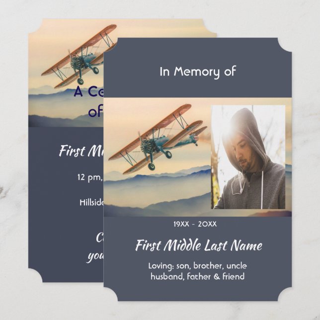 Invitación Celebration of Life Service  Clouds Biplane Sky (Anverso / Reverso)