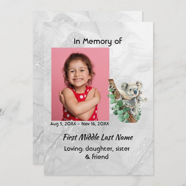 Invitación Celebration of Life Service Cute Koala Bear Kids (Anverso / Reverso)