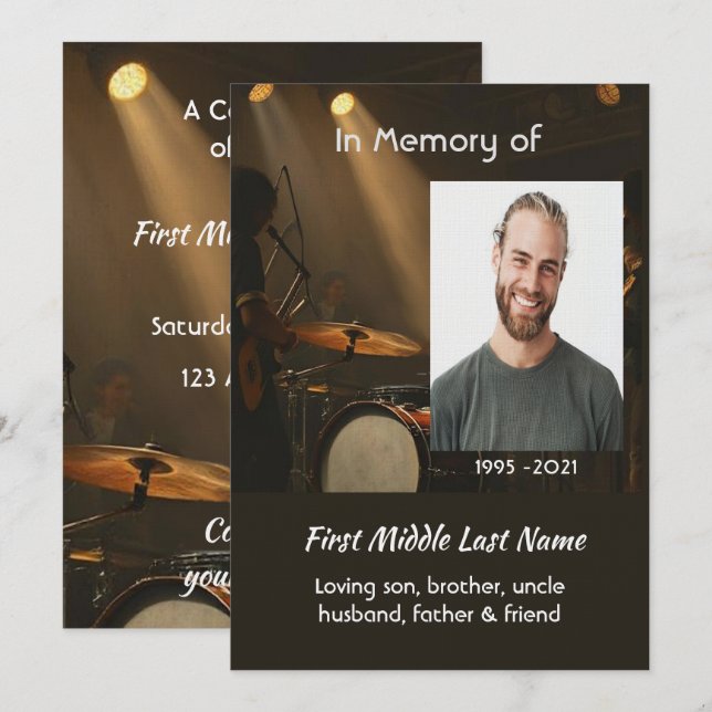 Invitación Celebration of Life Service  Drummer Drums Band  (Anverso / Reverso)