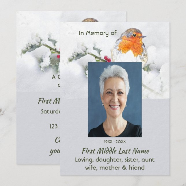 Invitación Celebration of Life Service  English Robin Bird (Anverso / Reverso)