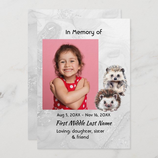 Invitación Celebration of Life Service Hedgehog Children (Anverso / Reverso)