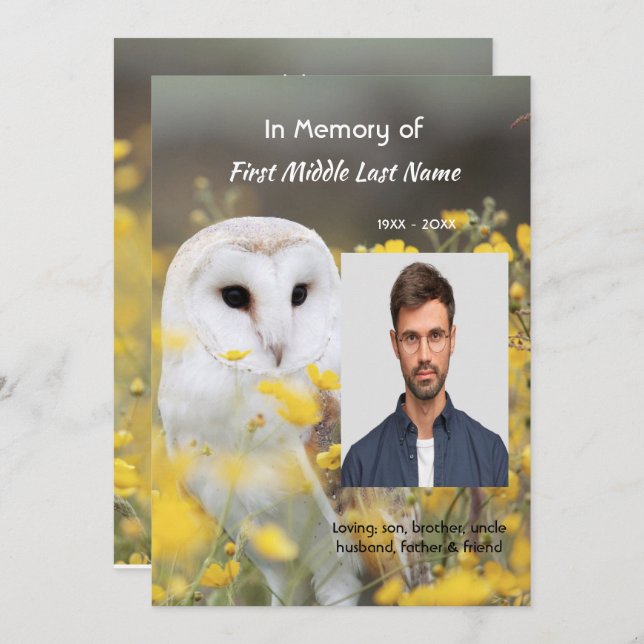 Invitación Celebration of Life Service Photo Barn Owl Bird  (Anverso / Reverso)