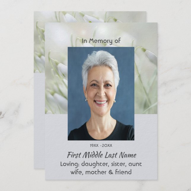 Invitación Celebration of Life Service Snowdrop Flowers (Anverso / Reverso)