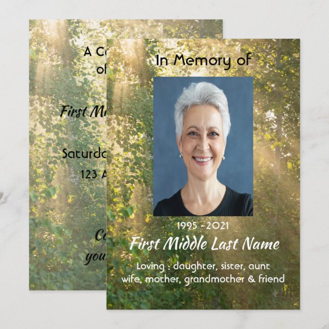 Invitación Celebration of Life Service Sunshine Golden Forest (Anverso / Reverso)